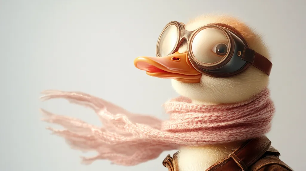 A white duck wearing aviator goggles and a pink scarf, with the scarf blowing in the wind, looks off to the side with a serious expression.  The duck is wearing a brown leather jacket with a belt around its midsection. The background is a simple light gray.