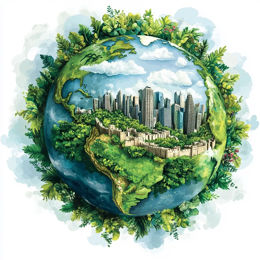 The image depicts a watercolor painting of the Earth. It is surrounded by lush greenery and flowers, symbolizing nature's beauty and abundance. A cityscape is visible on the surface, showcasing the coexistence of urban development and natural landscapes. The painting evokes a sense of harmony and interconnectedness between human civilization and the environment. The vibrant colors and soft brushstrokes create a serene and evocative visual experience.