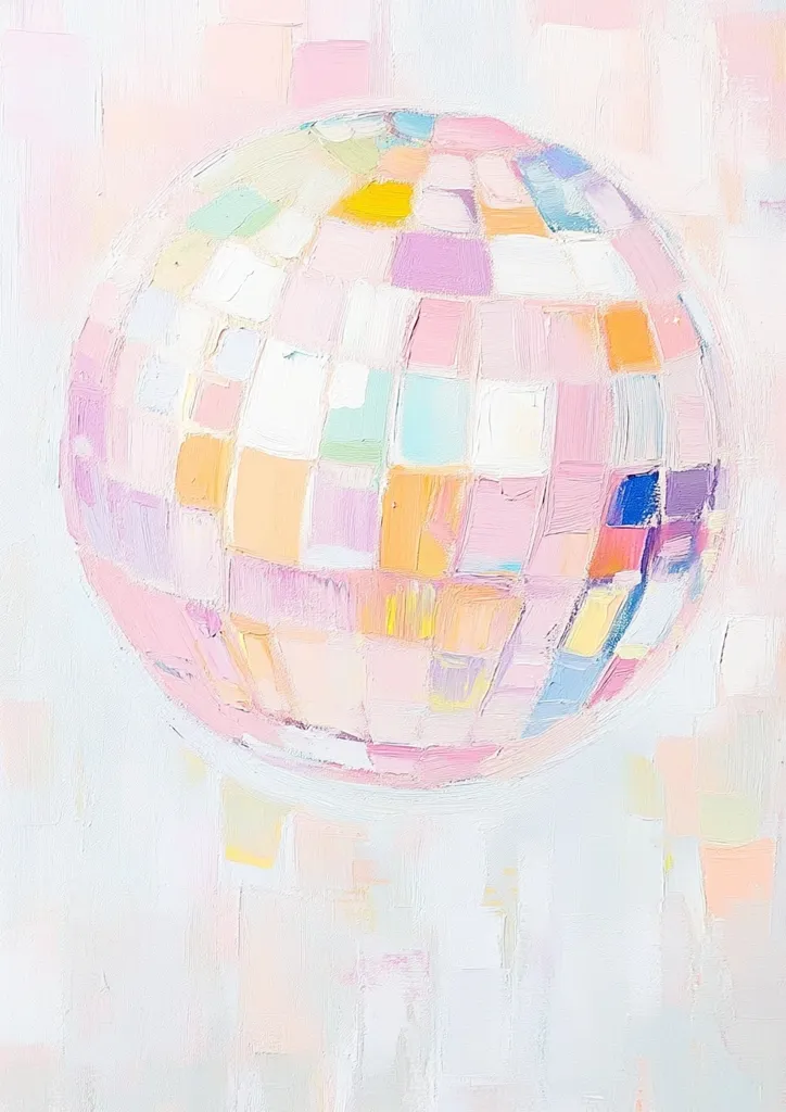 The image is a painting of a large, pink disco ball. It is composed of many small squares of varying colors, including pink, yellow, blue, and white. The background is a light pink and white, with textured brushstrokes. The painting gives a feeling of playful and celebratory fun.