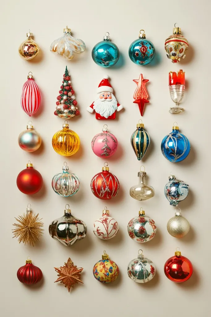 This image displays an assortment of Christmas ornaments arranged in a grid against a beige background. The ornaments are a mix of colors, shapes, and designs, including red, blue, green, silver, and gold. Some ornaments are traditional glass balls while others are more unique, like a miniature Christmas tree, Santa Claus, and a star.