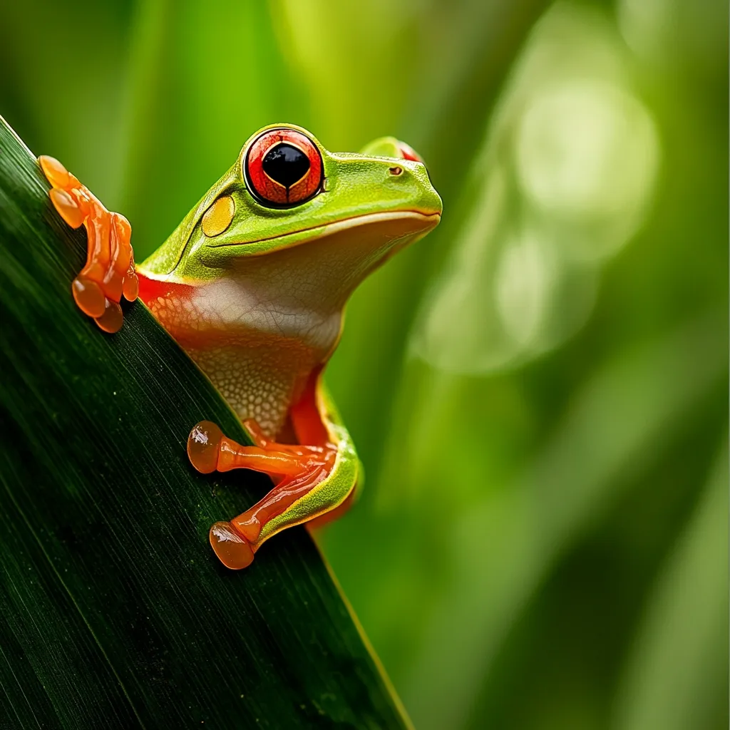 A vibrant green and orange frog with large, prominent red eyes sits on a blade of grass. Its orange toes grip the grass blade with a strong grip. The frog's body is slightly tilted upward, as if looking curiously at something out of frame. The background is a blur of green foliage, creating a soft and natural backdrop. The image captures the frog's bright colors and unique features, making it a fascinating subject.