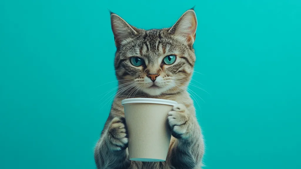 A tabby cat with piercing green eyes holds a cardboard coffee cup in its paws.  It stares intently at the camera, almost daring you to challenge its ownership of the beverage.  The cat's soft fur and the bright turquoise background create a whimsical and playful contrast.  The image is a humorous juxtaposition of feline elegance and everyday human habits.