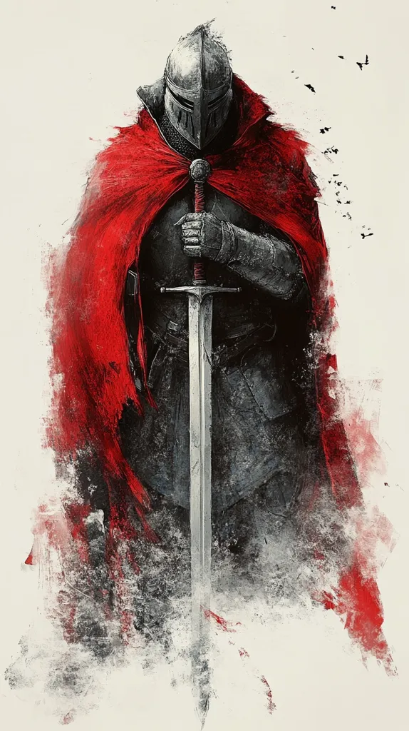 A knight stands in the center of the image, his body shrouded in a red cape and a thick coat of armor. The knight's head is obscured by a helmet, but his hand, gloved in armor, rests on the hilt of a long, gleaming sword. The background is a splash of muted red and grey, suggesting the aftermath of a battle.  The knight's posture is stoic, his gaze fixed ahead, conveying a sense of quiet strength and unwavering resolve.