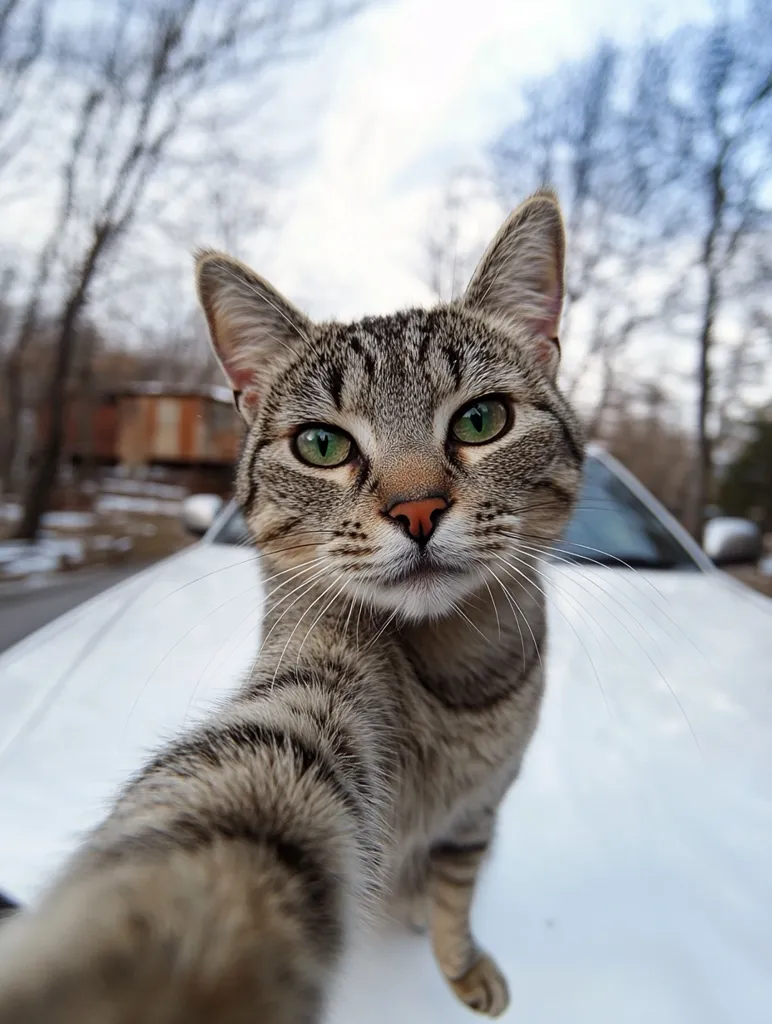 A tabby cat with green eyes sits on a white car and reaches out a paw towards the camera, as if taking a selfie. The cat's fur is soft and fluffy, and its expression is curious and playful. The background is blurred, with trees and a building visible in the distance. The image is captured from a low angle, giving the viewer a close-up perspective of the cat.