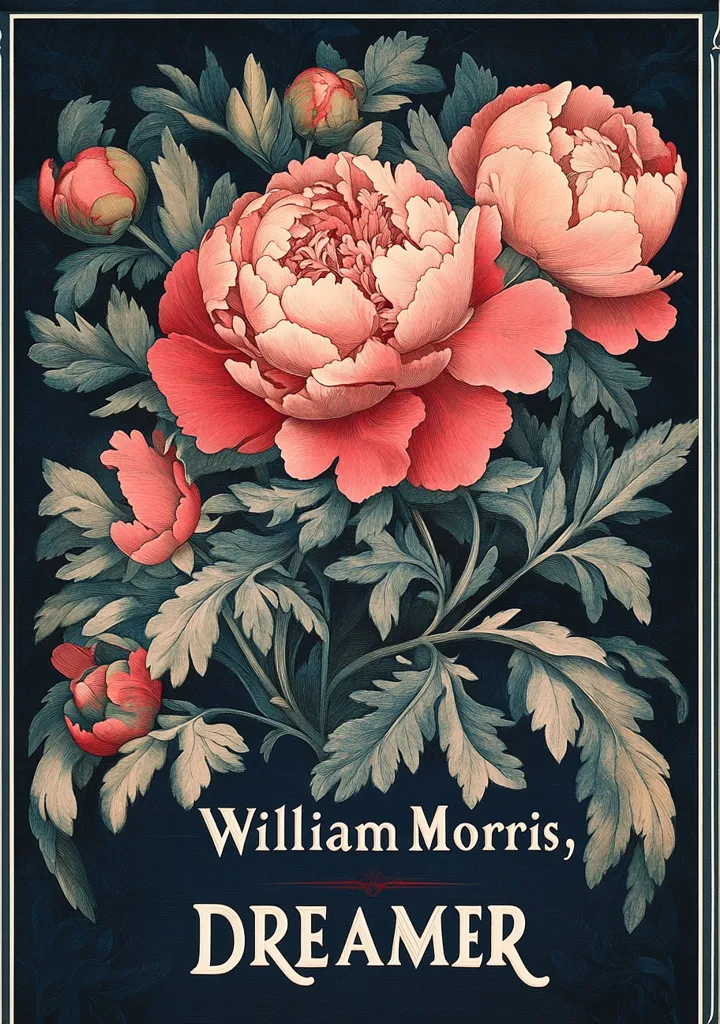 A dark blue background with an image of a pink and red blooming flower and its leafy stems in the top half. The text "William Morris, DREAMER" is below the flower, in white text with a red accent. The image has a vintage feel.