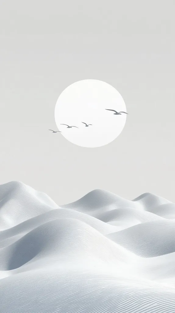 The image depicts a minimalist landscape with a large, white circle in the sky and four birds flying in formation.  The ground is a white, undulating terrain with a subtle texture. The overall aesthetic is simple and serene, evoking a feeling of calm and tranquility.  The image is likely a digital illustration or design, emphasizing abstract shapes and clean lines.