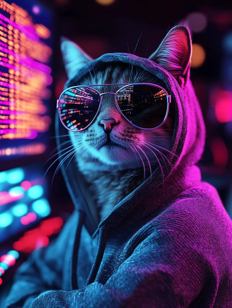 A cat wearing a grey hoodie and large sunglasses sits in front of a computer screen. The cat's fur is grey and white, and the screen is lit up with a bright, colorful display. The cat's face is serious, and its eyes are focused on the screen. The image is lit with neon blue and pink lighting, creating a futuristic and edgy aesthetic. The cat appears to be a hacker or gamer,  immersed in the digital world.
