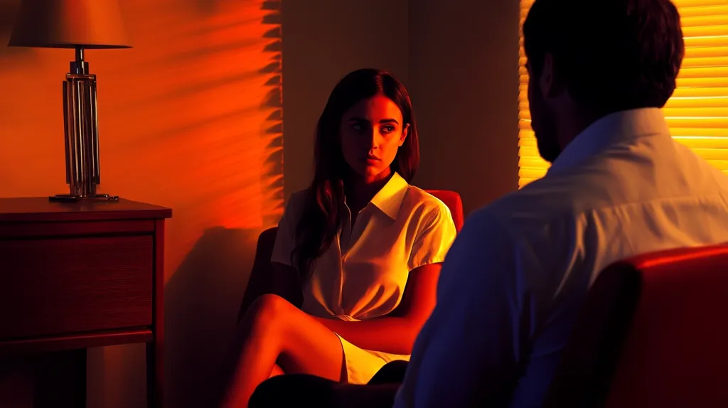 A woman sits in a chair, facing a man who is out of focus. The woman is wearing a white shirt and has her legs crossed. She looks directly at the man. The room is dimly lit, with warm, orange hues. A lamp is on a table in the background. The blinds are pulled down, casting a shadow on the wall. The scene has a mysterious and intimate feel.