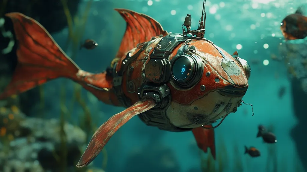 A rusty, steampunk-style fish with a large, round, blue eye swims through a turquoise-colored underwater scene. The fish has a metallic, weathered exterior and a long, thin tail. There are other smaller fish swimming around it, and the background is a blur of green and blue.  The overall tone of the image is futuristic and surreal.