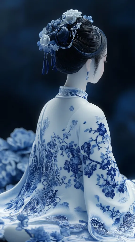 A woman in a beautiful white dress with blue floral patterns sits with her back to the viewer, her long black hair adorned with blue and white flower decorations. She is delicately made and appears to be crafted from porcelain. The background is a deep blue, highlighting the porcelain-like quality of the figure.