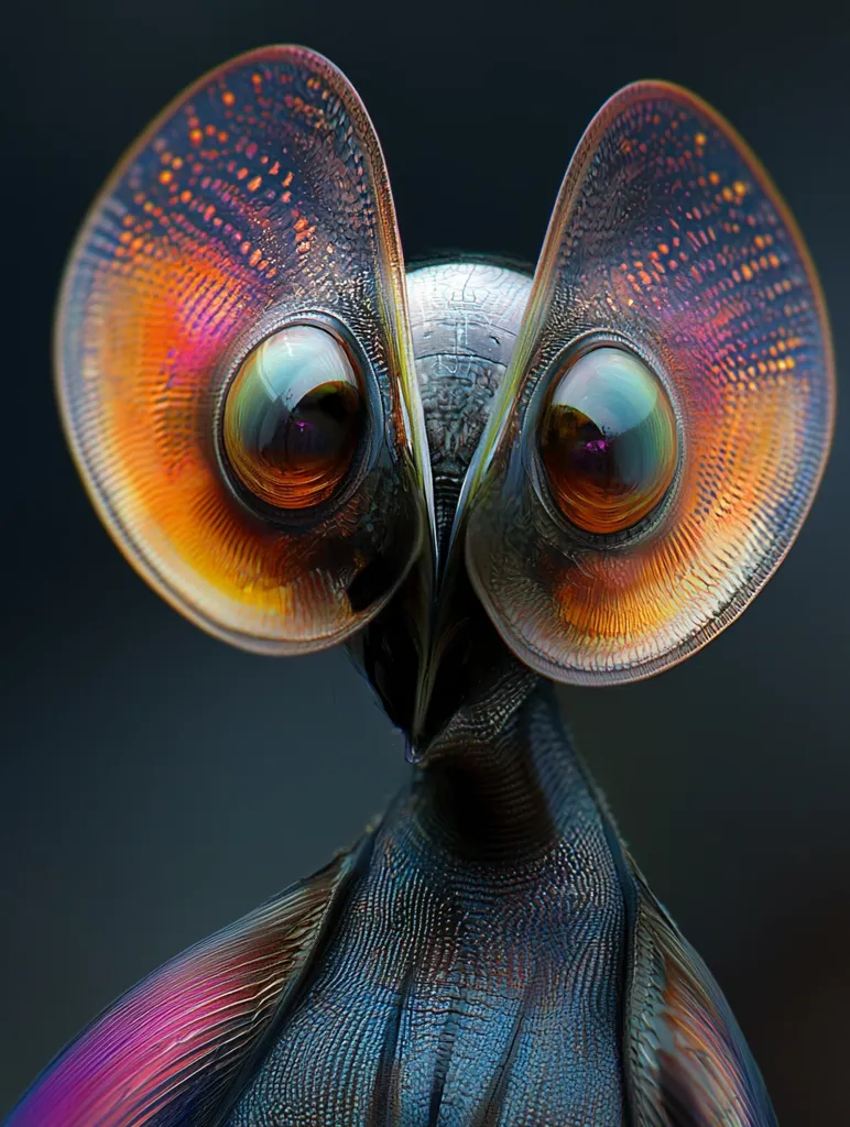 The image shows a close-up of an insect with large, iridescent, multifaceted eyes. The eyes are round and have a dark center, surrounded by rings of orange and purple. The insect's body is dark and textured, and its wings are partially visible, showing a similar iridescent pattern to the eyes. The background is blurred, highlighting the details of the insect. The image suggests a sense of wonder and the hidden beauty of the natural world.