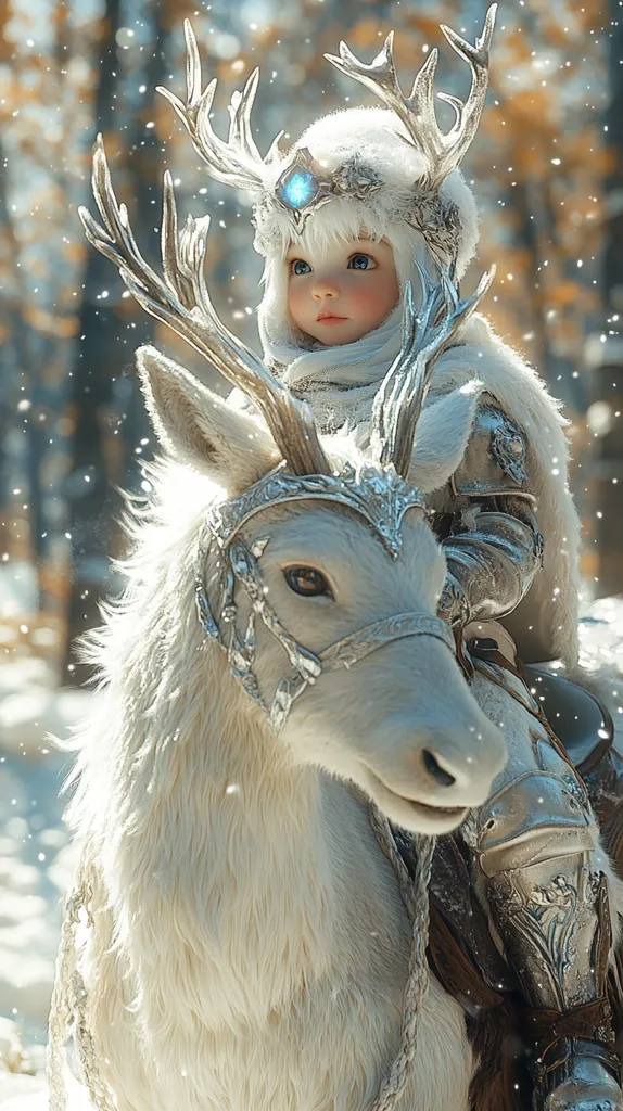 A young girl, dressed in white and wearing a silver crown with a blue gem, sits on a white, furry creature with large antlers. They are both adorned with silver armor and are surrounded by a snowy winter scene. The girl's face is serene and the creature's eyes are gentle.