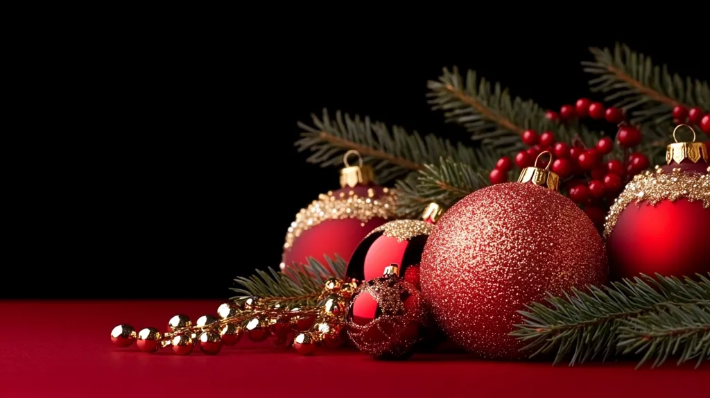 A cluster of red and gold Christmas ornaments rest amongst pine branches and red berries. The ornaments are adorned with glitter and have a festive, sparkling appearance. The deep red and green tones create a rich and warm Christmas atmosphere. The background is dark, emphasizing the vibrancy of the ornaments.