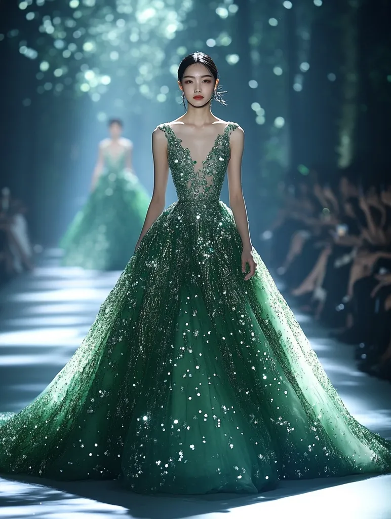 A woman with dark hair and striking makeup walks the runway in a magnificent emerald green gown. The gown is a flowing, A-line silhouette, adorned with shimmering sequins that resemble stars. The delicate fabric billows around her as she moves, creating a dramatic and ethereal effect. The backdrop is a blurred image of a crowded audience, suggesting a grand fashion show. The overall image evokes a sense of glamour, beauty, and elegance.