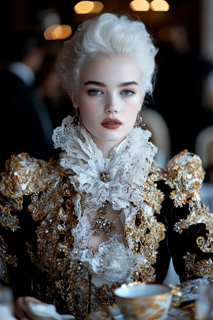 A woman with striking white hair and a porcelain complexion is adorned in a luxurious outfit of black velvet and gold embellishments. She wears a large, white lace collar and a jeweled necklace.  She gazes directly at the camera, her lips painted a warm brown. The background features a blurred, opulent setting.