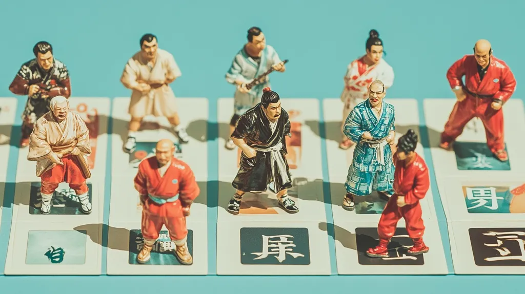 The image shows a set of miniature figurines of people dressed in traditional Japanese clothing. They are arranged in a row on a blue and white surface. The figurines are all facing forward and appear to be in a fighting stance.  There is a chinese character on each of the squares they are on.  They are all wearing colourful clothing and the lighting is bright.