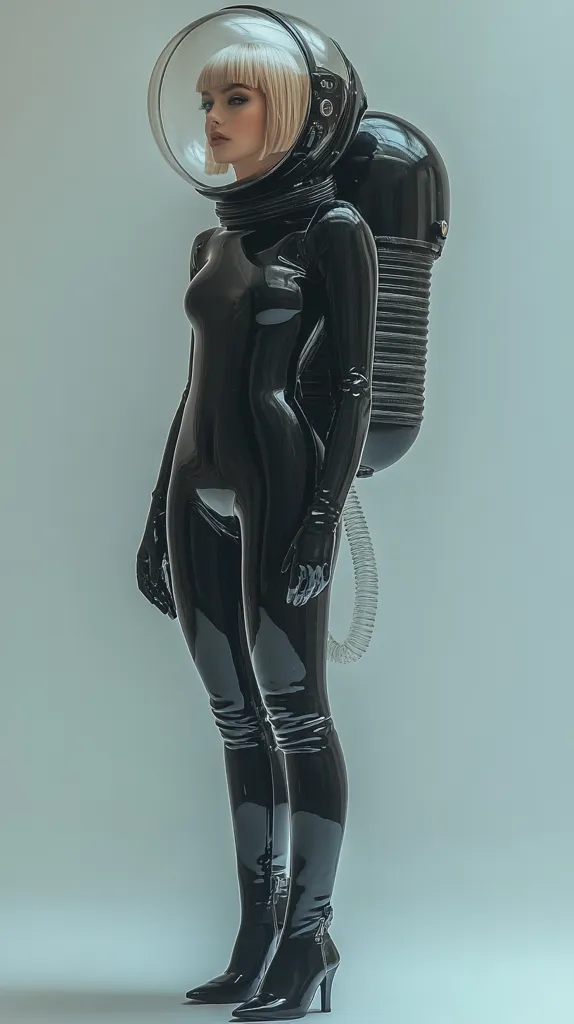 A woman in a black latex suit and boots stands with a large, helmet-like backpack, looking out to the side. The backpack has a large, transparent dome at the top and a cylindrical, ribbed section on the side. Her blonde hair is cut into a bob and she has a serious expression. The backdrop is a light blue-grey.