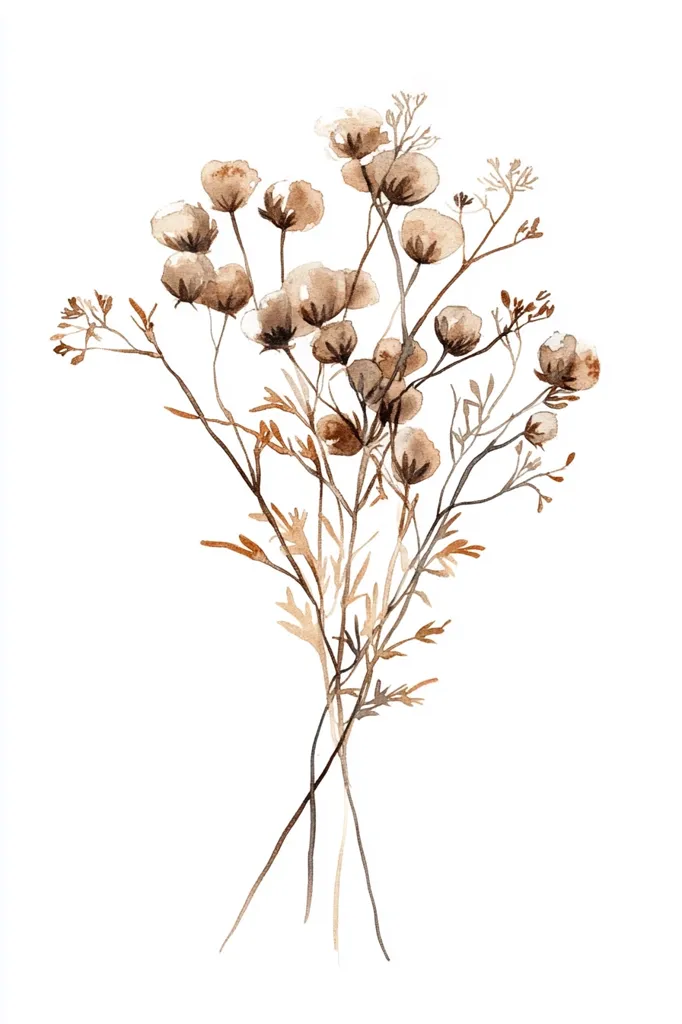 The watercolor illustration features a bouquet of delicate wildflowers in muted brown tones. Their slender stems intertwine, adorned with soft, rounded blooms that resemble tiny clouds. The composition is simple, yet elegant, creating a sense of tranquility and natural beauty.  The background is a stark white, highlighting the delicate details of the flowers and their subtle color variations.