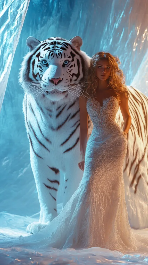 A woman in a white, lace wedding dress stands next to a white tiger. The tiger's head is turned towards the camera, its eyes piercing blue. The woman has long, golden hair and is gazing at the ground. They are both standing on a snowy surface, with icy blue and white tones surrounding them. The scene appears to be a fantastical and surreal portrayal of nature and beauty.