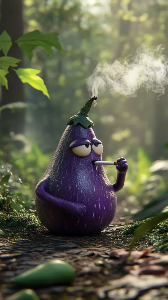 A cartoon eggplant with a face sits on a dirt path in a forest. It has a cigarette in its mouth and is blowing smoke into the air. The eggplant is wearing a green cap. The forest is green and lush with trees, plants and moss. The path is made of stones and dirt.