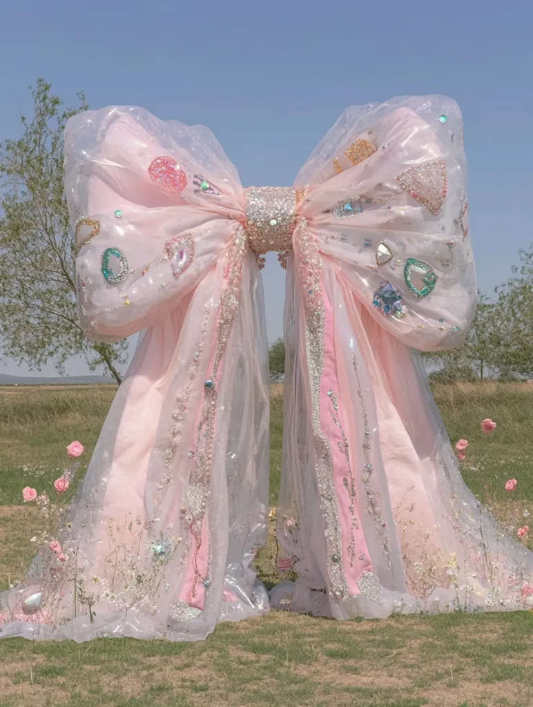 A giant, sparkling pink bow stands tall in a grassy field, its sheer fabric adorned with iridescent jewels and sequins. The bow creates a whimsical and enchanting scene, with delicate wildflowers and a clear blue sky framing the composition. The overall aesthetic is ethereal and dreamy, like something out of a fairytale.