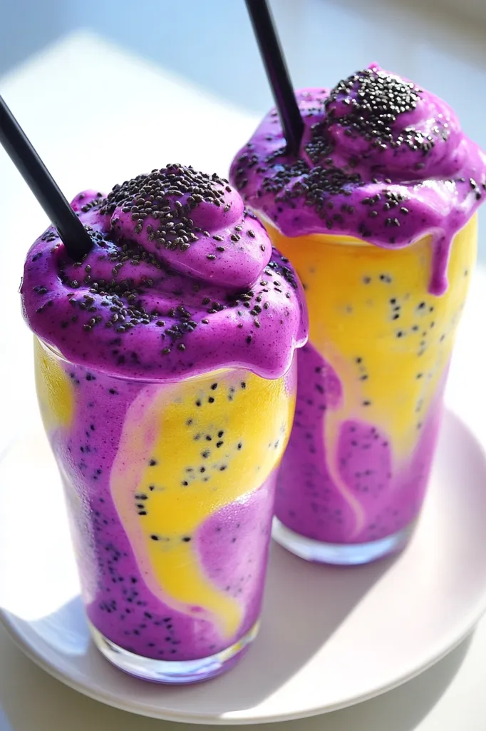 Two glasses of brightly colored smoothies, layered with purple and yellow, sit on a white plate. The smoothies are topped with a thick layer of black chia seeds.  The vibrant colors of the drinks and the small black seeds create a visually appealing and delicious-looking treat.  The smoothies are likely made with fruit, but the specific flavors are unknown.  The sunlight shining on the glasses adds to the sense of refreshment.  The images exude a sense of healthy and colorful food.