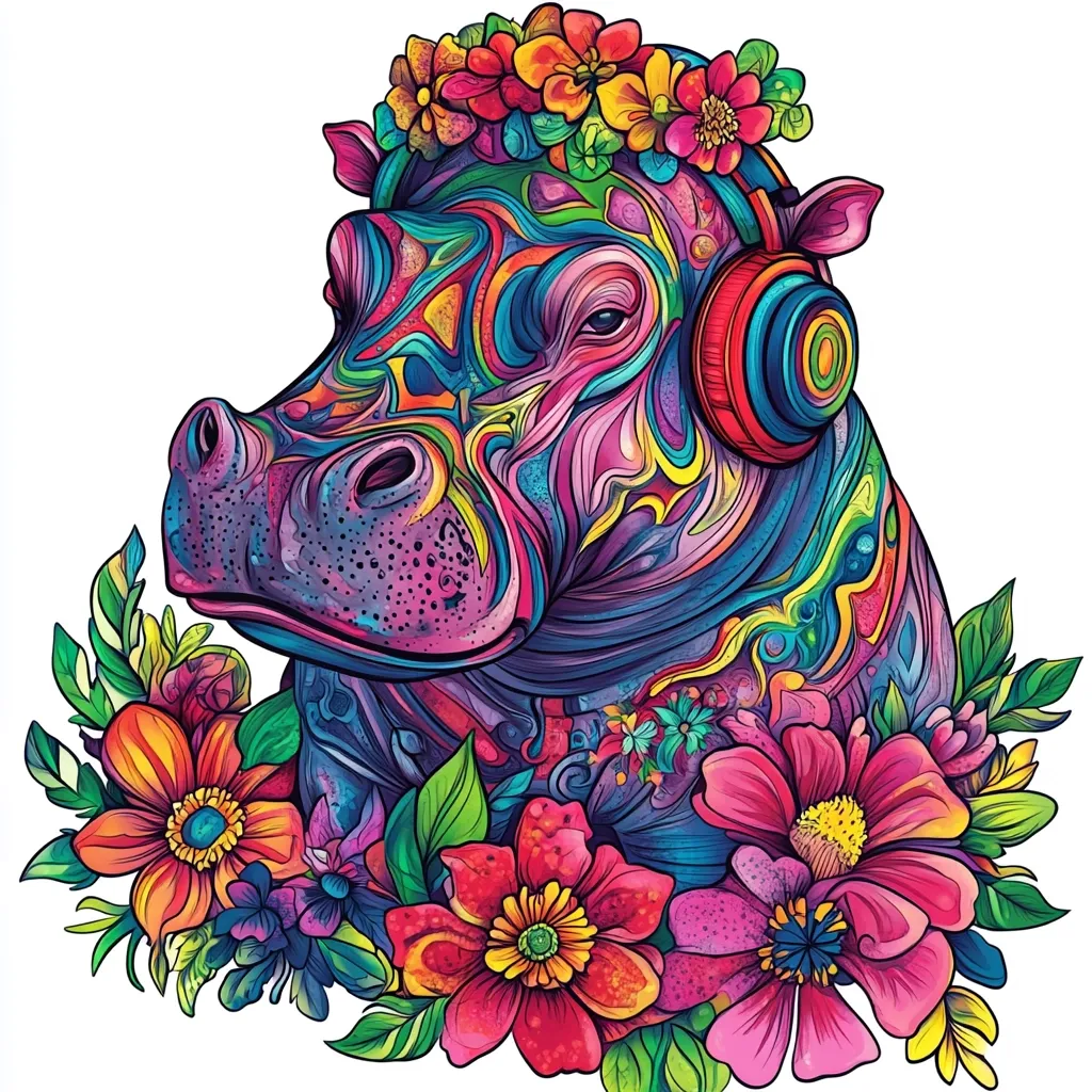 A colorful, psychedelic illustration of a hippopotamus wearing headphones and a floral crown. The hippo's body is made of swirls of pink, purple, blue, and green, and it is surrounded by flowers in a variety of vibrant hues. The image has a whimsical and artistic feel.