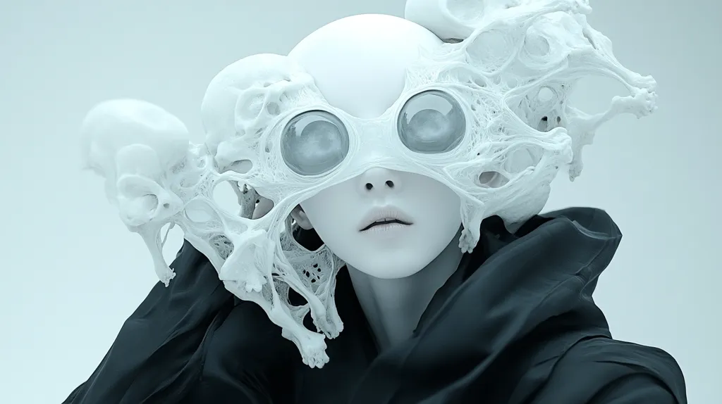 A person wearing a white, skeletal mask with large, circular eyes. The mask is intricate and appears to be made of bone or cartilage. The person is wearing a black coat and has a pale complexion. The background is a light blue, almost white. The image has an eerie and otherworldly feel.