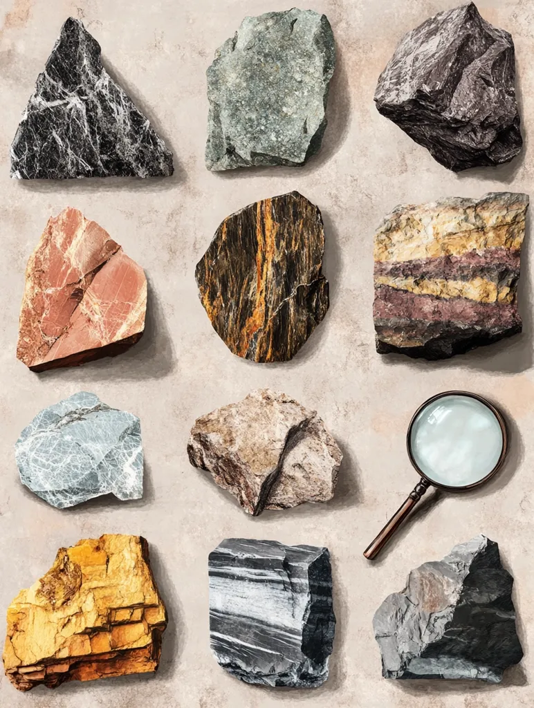 A collection of 12 rocks of varying colors and textures, arranged in a grid pattern against a light beige background.  A magnifying glass sits in the upper right corner. The rocks feature a variety of colors including black, grey, green, brown, red, and yellow.  Some have distinct patterns and layers.  The composition suggests a geological or scientific context.