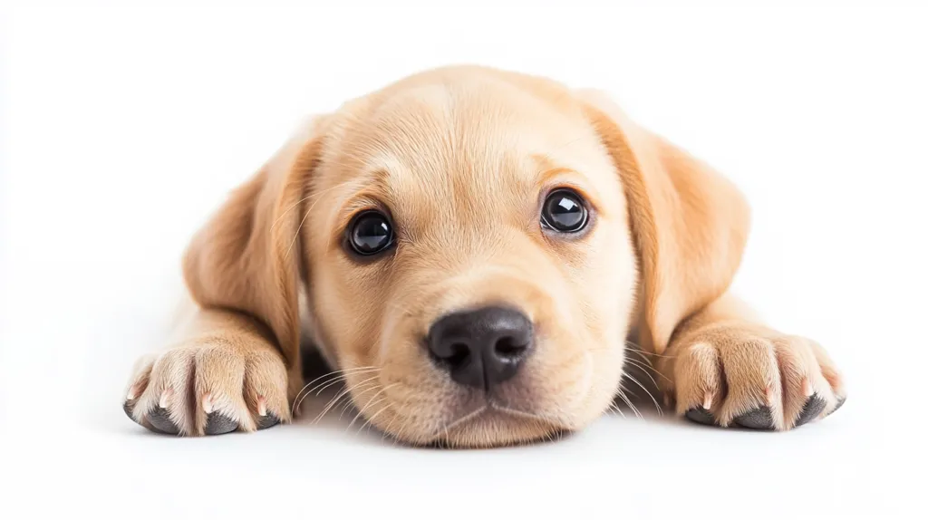 A yellow Labrador puppy lays on a white background with its head resting on its paws. It has large, brown eyes and a cute, wet nose. Its fur is soft and fluffy, and it looks very sweet and playful.  The puppy is captured in a close-up shot, emphasizing its adorable features.  The background is blurred, allowing the puppy to be the focus of the image.