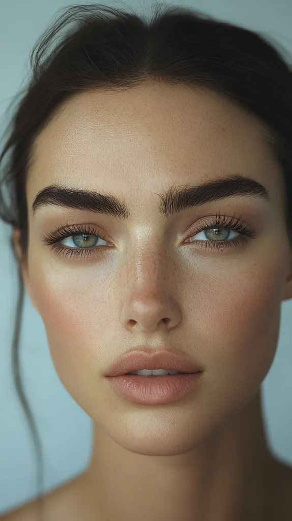 A close-up portrait of a woman with dark hair. She has natural-looking makeup with defined brows and a soft pink lip color. Her eyes are wide open and looking directly at the camera. Her skin has a natural glow and a few freckles. The background is a soft blue.  The image is likely a beauty portrait or a close-up from a fashion shoot.