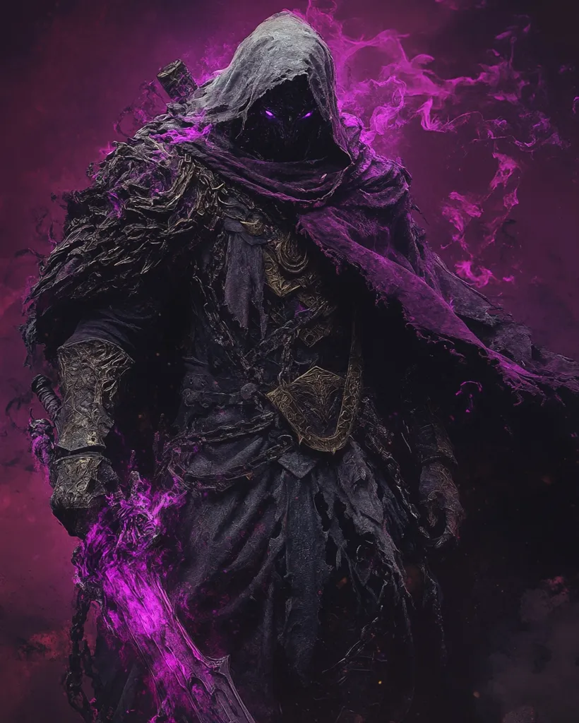 The image shows a dark, hooded figure with glowing purple eyes. They are cloaked in a tattered black robe, wielding a large, glowing purple sword. Their armor is ornate and detailed, with a prominent golden belt. The background is a swirling mass of purple smoke and flames. The figure's ominous appearance suggests a powerful and dangerous being.