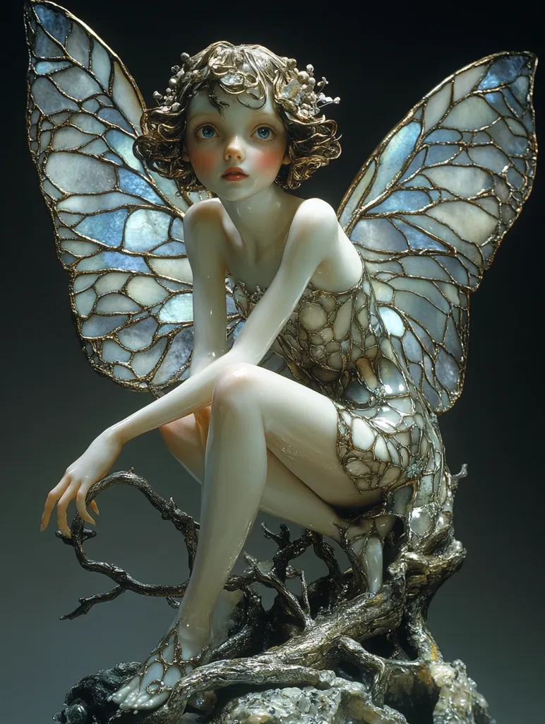 A porcelain sculpture of a fairy sits perched on a gnarled branch, her wings fashioned from iridescent, mosaic-like material. Her delicate features and ethereal gown, woven from the same material as her wings, lend an air of both beauty and fragility to the piece. The fairy's expression is thoughtful, her eyes gazing off into the distance. The sculpture is captured in a dark, dramatic setting, adding to its mystical atmosphere.