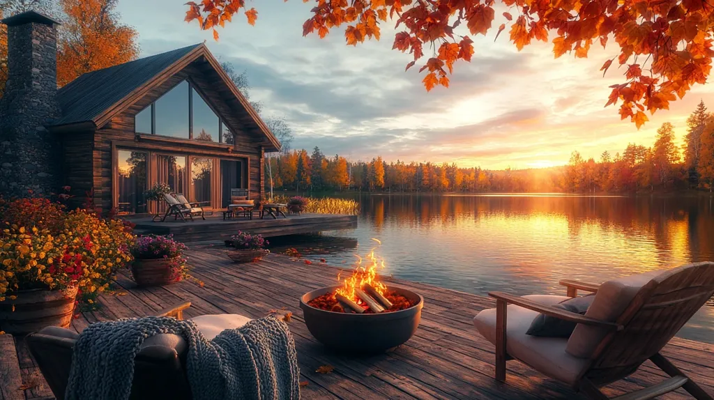 A wooden cabin sits on the edge of a tranquil lake, bathed in the golden light of a setting sun. Autumn leaves paint the trees and ground in vibrant hues, while a cozy fire crackles in a fire pit on the wooden deck. The scene evokes a sense of peace and serenity, inviting viewers to imagine escaping to this picturesque haven.