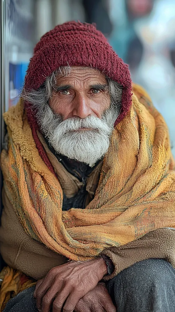 An elderly man with a long white beard and a red knit cap sits wrapped in a patterned, yellow shawl. His deep-set eyes and weathered face suggest a life of hardship and resilience. The warm, muted tones of the image create a sense of quiet contemplation and wisdom.
