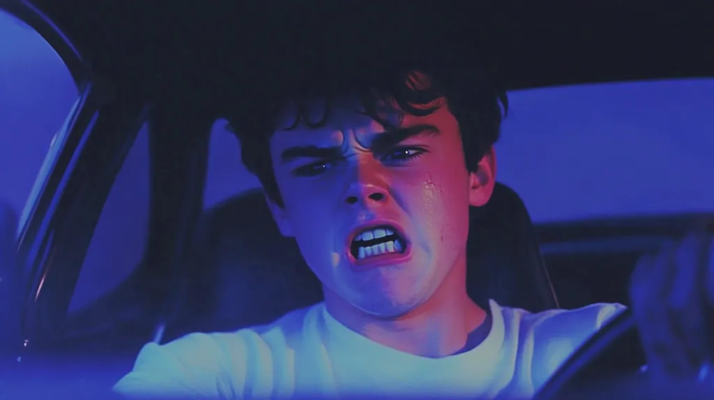 The image shows a young man with dark hair, wearing a white t-shirt, sitting in a car. He is looking intensely at the viewer with a fierce expression on his face. The car's interior is illuminated by a bright blue light, casting a dramatic and moody atmosphere. His face is illuminated by a purple light, highlighting his strong features. The overall mood is tense and emotional.