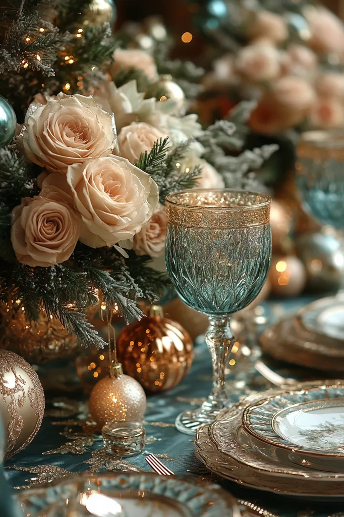 A festive table setting with a blue and gold theme. Delicate cream roses with frosted pine sprigs fill the foreground. Gold and blue baubles sit beside a blue cut-glass goblet on a shimmering aqua tablecloth. Ornate gold-rimmed plates and a clear glass candle holder complete the scene. The warm glow of candlelight adds to the holiday ambiance.