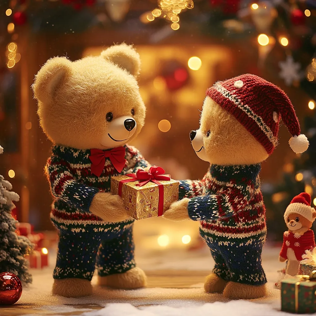 Two teddy bears wearing Christmas sweaters stand in front of a festive background. One bear is holding a wrapped gift and presents it to the other. There are twinkling lights and a small Christmas tree in the background, creating a warm and cozy holiday scene. The bears appear to be exchanging gifts for Christmas.  The overall image is one of festive cheer and holiday spirit.