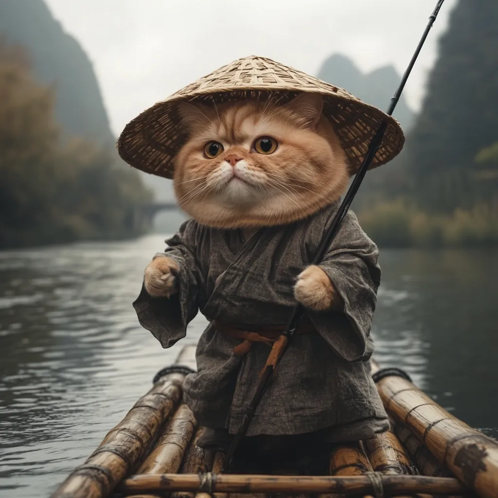 A fluffy orange cat wearing a traditional Asian straw hat and robe is fishing on a bamboo raft. It is holding a long fishing rod and looking intently at the water. The cat is in a serene setting, with a river flowing in the background. The image is a humorous take on traditional Asian art and imagery, with the cat as the protagonist. The composition and lighting are well done, creating a whimsical and charming scene.