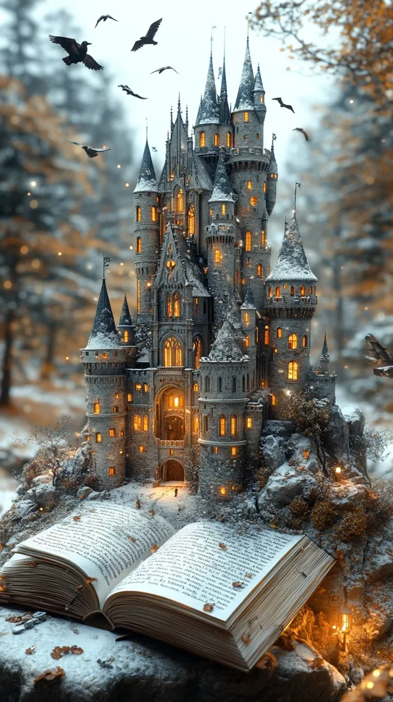 A majestic, snow-covered castle with glowing windows stands tall against a backdrop of a snowy forest. It appears to be emerging from the pages of an open book, its pages filled with enchanting tales. Birds fly overhead, adding to the magical atmosphere. The scene evokes a sense of wonder and a longing for a fantastical world.