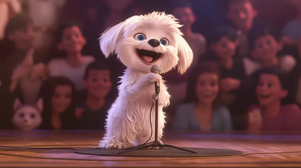A white, fluffy dog with big, blue eyes stands on a stage, holding a microphone, with a blurry audience in the background. The dog is smiling widely and seems to be singing or performing. The scene is lit up with warm stage lights, creating a festive atmosphere.