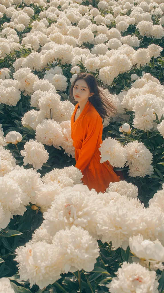 A young woman in an orange dress stands in a field of white peonies, her hair flowing behind her. The flowers are in full bloom, creating a sea of white against the green foliage. The scene is captured in a soft, romantic light, emphasizing the beauty of the woman and the flowers.