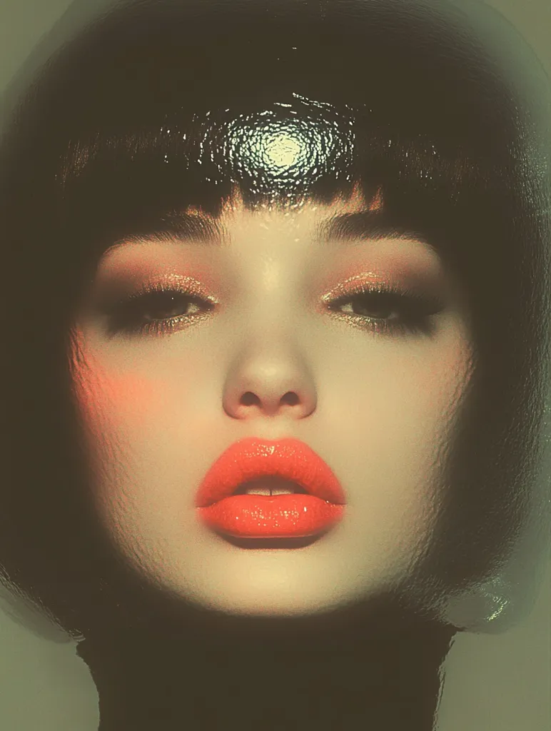 A woman with short black hair and a bright red lipstick is staring at the camera. She has a cool, almost androgynous look and the light shines through her forehead. The image is stylized with a muted color palette and a soft focus.