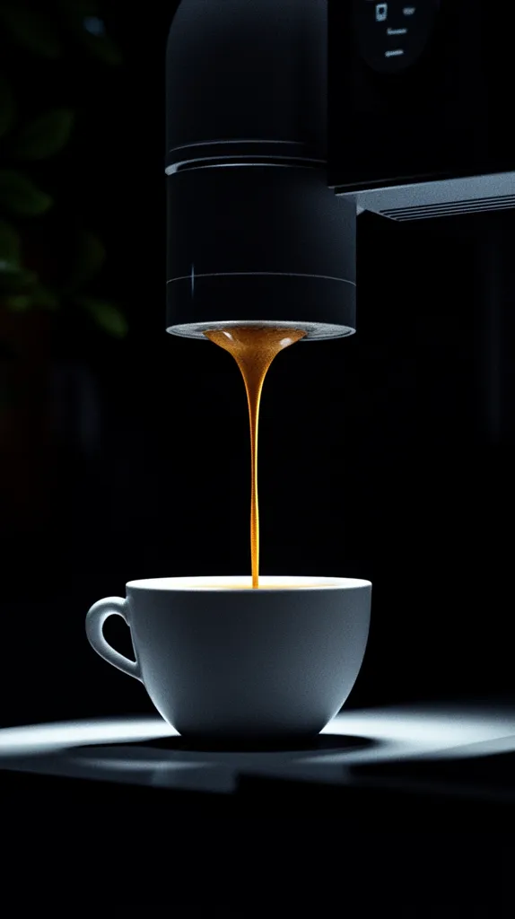 A stream of freshly brewed coffee pours from a black espresso machine into a white cup, creating a contrast of light and dark. The image is shot from a low angle, emphasizing the coffee stream and the cup's rounded shape. The background is black, creating a minimalist feel and focusing attention on the coffee-making process.