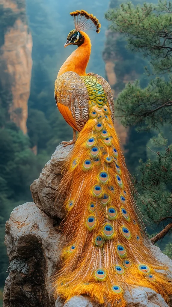 A vibrant peacock with a golden body and a long, iridescent tail feathers stands perched on a rocky outcrop. The peacock's tail feathers are a stunning display of blue, green, and yellow, and they spread out behind it like a fan. The background is a blurred scene of lush green trees and a rocky cliff face. The peacock's beauty and grace are captivating.