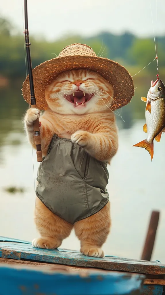 A ginger cat with a straw hat and overalls is holding a fishing rod. The cat is looking at the camera with a wide, toothy grin. A fish is hooked on the end of the line. The cat appears to be happy with its catch. The image is likely humorous, emphasizing the absurdity of a cat fishing.