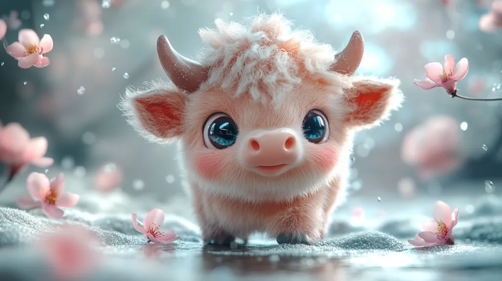 A fluffy, light pink calf with large blue eyes stands in front of a blurred background of pink flowers and soft, sparkling water. The calf's face is slightly tilted up, and its expression is gentle and innocent. The overall image evokes feelings of sweetness, innocence, and a sense of calm wonder.