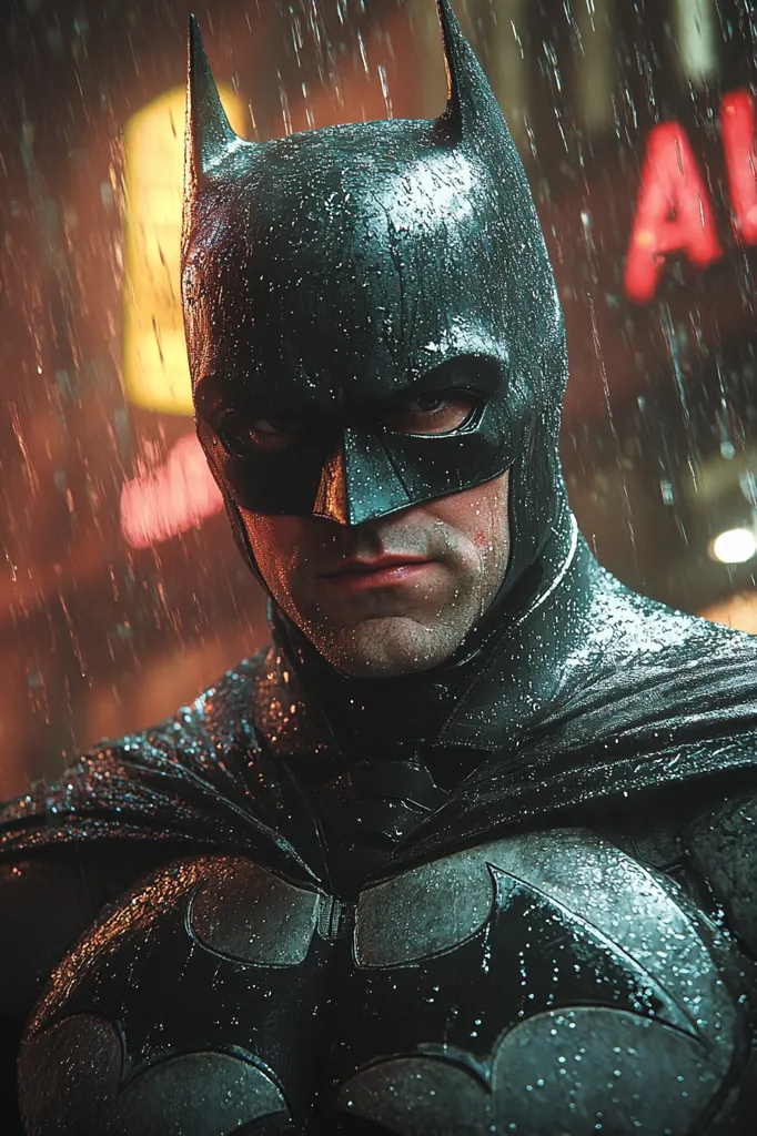 The image shows Batman standing in the rain. The focus is on his face, which is half-obscured by the shadow of his mask. Raindrops are falling on his cowl and suit, creating a dramatic effect. The background is blurred, with a neon sign partially visible. The overall mood is dark and brooding, reflecting Batman's character.