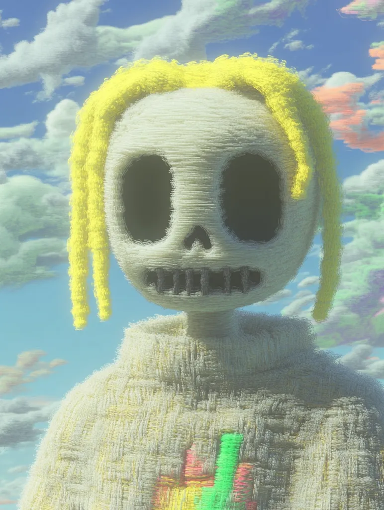 A stylized, fuzzy, almost skeletal figure with long yellow hair stands against a background of fluffy, pastel clouds. The figure is wearing a white sweater with a colorful design on the front. The image has a dreamlike and whimsical quality.  The texture of the figure and clouds is very distinct, giving the piece a sense of depth.  The overall tone is light and airy.