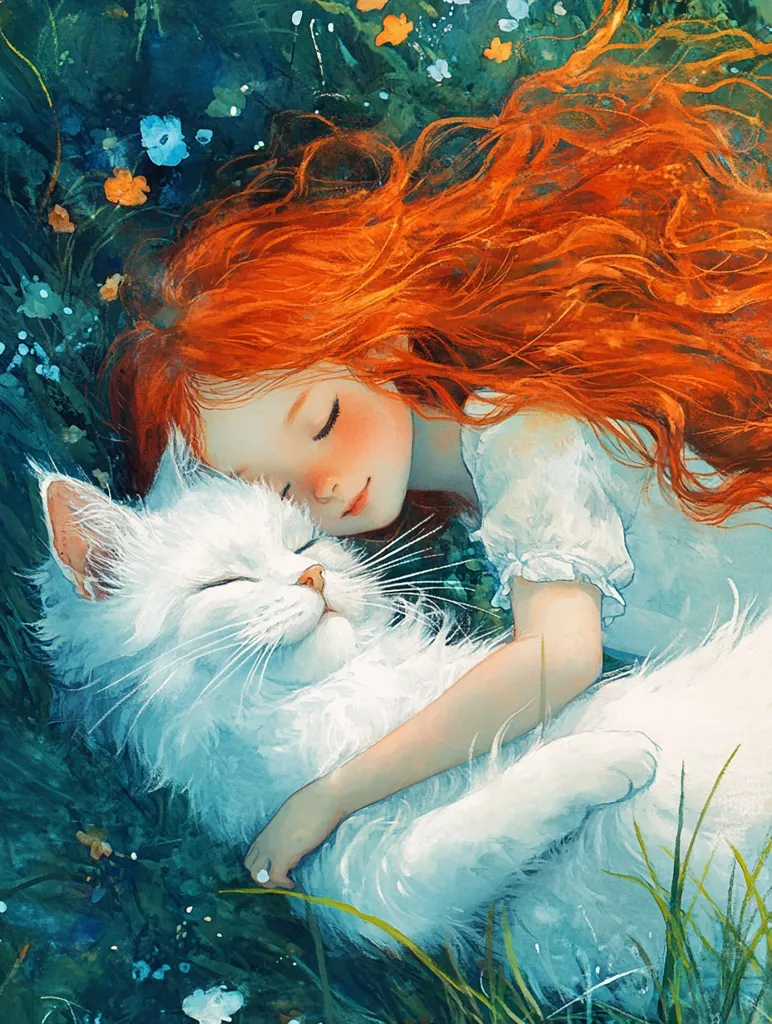A young girl with long, flowing red hair lays asleep in a field of green grass and wildflowers. She is cradling a white cat in her arms. Both are asleep, their eyes closed. The girl is wearing a white dress and the cat's fur is soft and fluffy. The image has a dreamy, whimsical quality.
